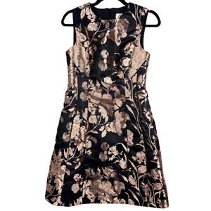 Eliza J, Size 4, Navy & Rose Gold Brocade Fit & Flare Dress, Shimmer, Wedding